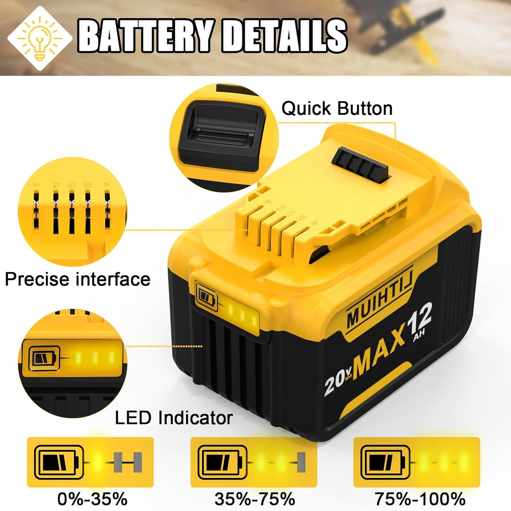 FEOTDN Lot de 2 batteries de remplacement 20 V 12 Ah pour Dewalt 20 V Max, compatibles avec les outils électriques sans fil Dewalt 20 V avec indicateur LED