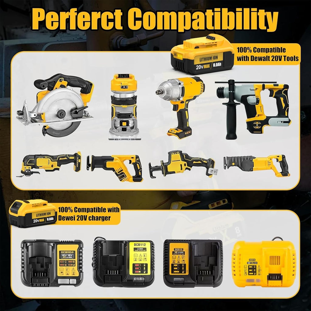 Anstataŭaĵo por Dewalt 20V Max Baterio: 8.0Ah Litiaj Baterioj Kongruaj kun Dewalt Baterio DCB208 DCB200 DCB206 DCB204 DCB203 Sendrataj Elektraj Iloj (4 Pakaĵoj)
